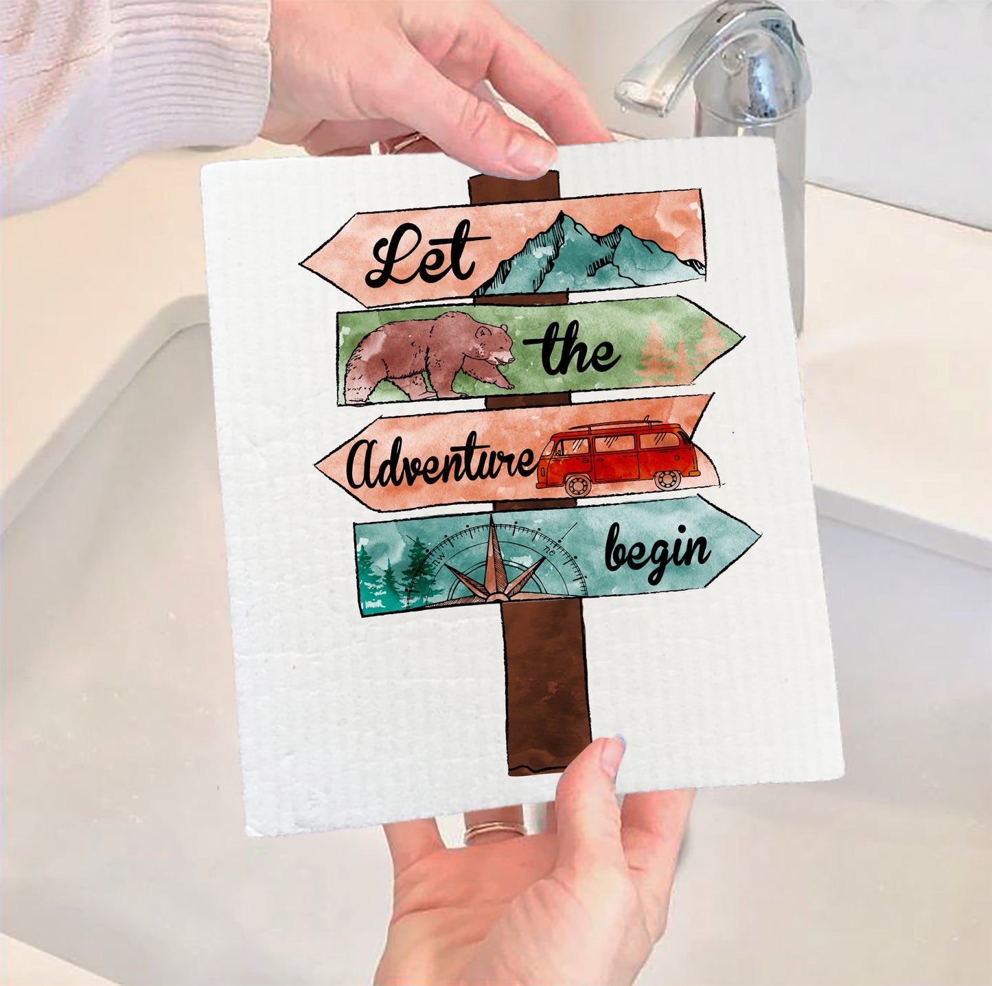 Let Adventure Begin camping hiking traveling Swedish Dish Cloth