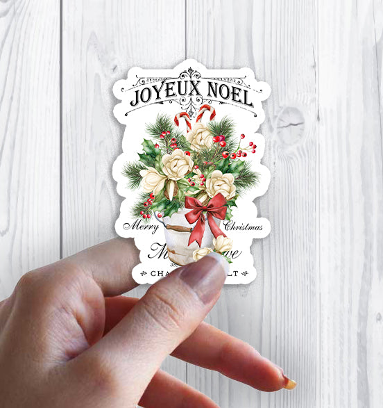 Christmas French Joyeux Noel Magnolia Flowers Sticker Decal