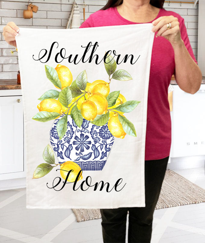 Blue & White Chinoiserie Ginger Jar Lemons Cotton Kitchen Terry Cloth Towels