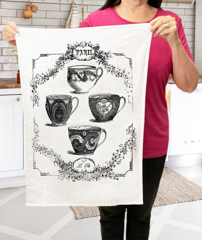 French Paris Tea Cups, Cotton Terry Towels